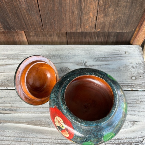Hand Painted Wooden Jar with Red Macaw Parrot and Tree Design against a Dark Sky - Picture 5 of 9